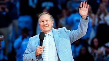 Dec 14, 2024; Chapel Hill, North Carolina, USA; North Carolina Tar Heels head football coach Bill Belichick during half time at Dean E. Smith Center. Mandatory Credit: Bob Donnan-Imagn Images