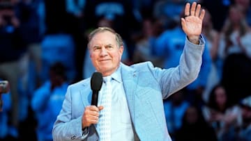 Dec 14, 2024; Chapel Hill, North Carolina, USA; North Carolina Tar Heels head football coach Bill Belichick during half time at Dean E. Smith Center. Mandatory Credit: Bob Donnan-Imagn Images