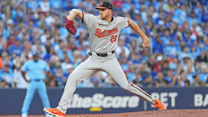 Aug 7, 2024; Toronto, Ontario, CAN; Baltimore Orioles starting pitcher Trevor Rogers (28) throws a pitch against the Toronto Blue Jays during the first inning at Rogers Centre. Mandatory Credit: Nick Turchiaro-USA TODAY Sports