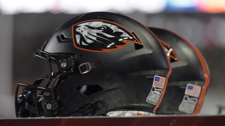 Nov 11, 2023; Corvallis, Oregon, USA; A detail view of Oregon State Beavers helmets
during the second half against the Stanford Cardinal at Reser Stadium. Mandatory Credit: Soobum Im-USA TODAY Sports