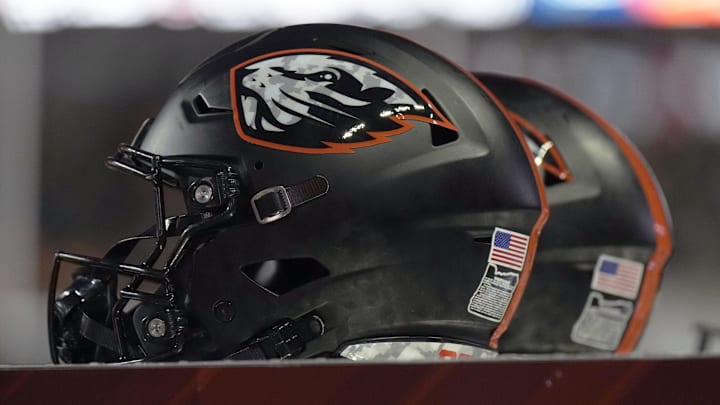 Nov 11, 2023; Corvallis, Oregon, USA; A detail view of Oregon State Beavers helmets
during the second half against the Stanford Cardinal at Reser Stadium. Mandatory Credit: Soobum Im-Imagn Images Nov 11, 2023; Corvallis, Oregon, USA; A detail view of Oregon State Beavers helmets
during the second half against the Stanford Cardinal at Reser Stadium. Mandatory Credit: Soobum Im-Imagn Images