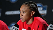 Mar 27, 2025; Spokane, WA, USA; Ole Miss Rebels guard Madison Scott (24) talks with media during an NCAA Tournament practice session at Spokane Arena. Mandatory Credit: James Snook-Imagn Images