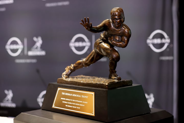 Detailed view of the Heisman trophy before a press conference in the Astor ballroom at the New York Marriott Marquis 