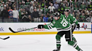 Nov 4, 2025; Dallas, Texas, USA; Dallas Stars right wing Mikko Rantanen (96) shoots the puck in the Edmonton Oilers zone during the overtime period at the American Airlines Center. Mandatory Credit: Jerome Miron-Imagn Images