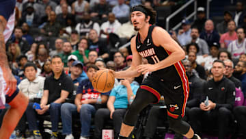 Mar 31, 2025; Washington, District of Columbia, USA; Miami Heat guard Jaime Jaquez Jr. (11) handles the ball during the third quarter against the Washington Wizards at Capital One Arena. Mandatory Credit: Reggie Hildred-Imagn Images