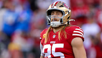 Dec 30, 2024; Santa Clara, California, USA; San Francisco 49ers tight end George Kittle (85) before the game against the Detroit Lions at Levi's Stadium.