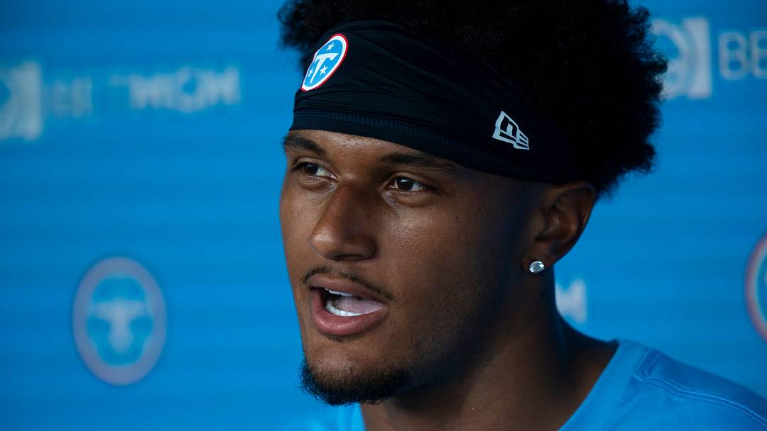 Tennessee Titans cornerback Alontae Taylor (24) talks with the media after the joint practice with the Seattle Seahawks at Vanderbilt Health Football Center Friday, Aug. 21, 2026.