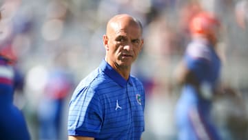 Nov 1, 2025; Jacksonville, Florida, USA; Florida Gators interim head coach Billy Gonzales looks on during warm ups prior to the game against the Georgia Bulldogs at EverBank Stadium. Mandatory Credit: Matt Pendleton-Imagn Images