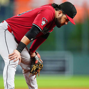 Sep 17, 2024; Denver, Colorado, USA; Arizona Diamondbacks third base Eugenio Suárez (28) during the fourth inning against the Colorado Rockies at Coors Field. Mandatory Credit: Ron Chenoy-Imagn Images