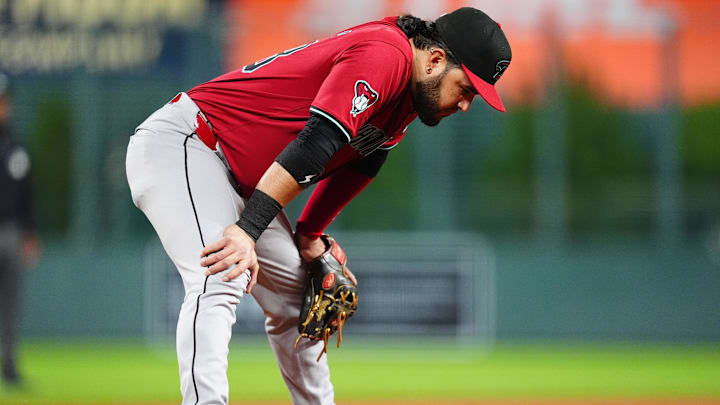 Sep 17, 2024; Denver, Colorado, USA; Arizona Diamondbacks third base Eugenio Suárez (28) during the fourth inning against the Colorado Rockies at Coors Field. Mandatory Credit: Ron Chenoy-Imagn Images