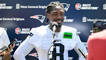 Jul 23, 2025; Foxborough, MA, USA; New England Patriots wide receiver Stefon Diggs (8) addresses the media after practice during day one of training camp at Gillette Stadium. Mandatory Credit: Eric Canha-Imagn Images