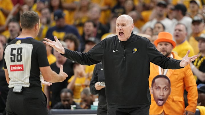 Jun 13, 2025; Indianapolis, Indiana, USA; Indiana Pacers head coach Rick Carlisle argues with NBA referee Josh Tiven after a play against the Oklahoma City Thunder during the second half during game four of the 2025 NBA Finals at Gainbridge Fieldhouse. Mandatory Credit: Kyle Terada-Imagn Images Jun 13, 2025; Indianapolis, Indiana, USA; Indiana Pacers head coach Rick Carlisle argues with NBA referee Josh Tiven after a play against the Oklahoma City Thunder during the second half during game four of the 2025 NBA Finals at Gainbridge Fieldhouse. Mandatory Credit: Kyle Terada-Imagn Images