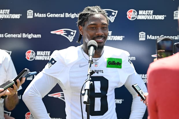 Jul 23, 2025; Foxborough, MA, USA; New England Patriots wide receiver Stefon Diggs (8) addresses the media after practice dur