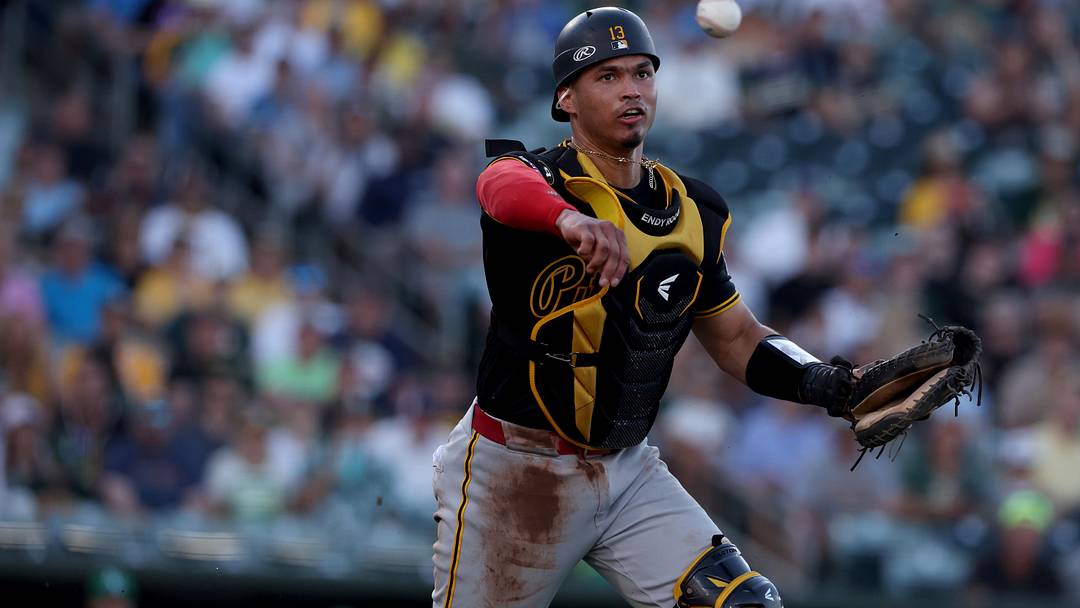 Jun 15, 2026; West Sacramento, California, USA; Pittsburgh Pirates catcher Endy Rodriguez (13) throws to first base for an out against the Athletics during the second inning at Sutter Health Park. Mandatory Credit: Dennis Lee-Imagn Images Jun 15, 2026; West Sacramento, California, USA; Pittsburgh Pirates catcher Endy Rodriguez (13) throws to first base for an out against the Athletics during the second inning at Sutter Health Park. Mandatory Credit: Dennis Lee-Imagn Images