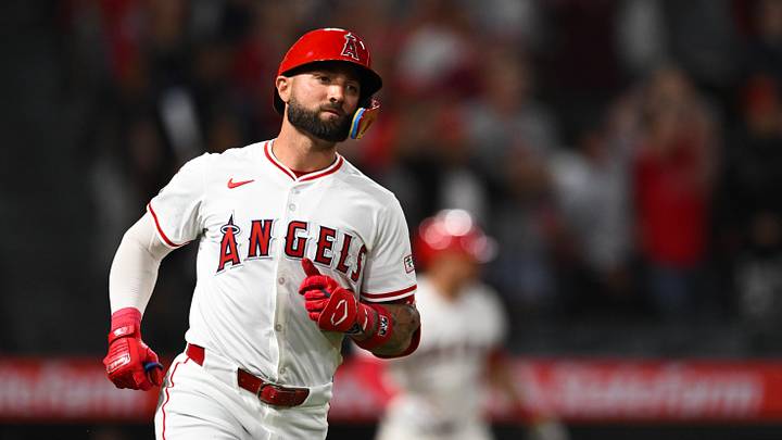 Jun 29, 2024; Anaheim, California, USA; Los Angeles Angels outfielder Kevin Pillar (12) hits a home run to defeat the Detroit Tigers during the tenth inning at Angel Stadium. Mandatory Credit: Jonathan Hui-USA TODAY Sports