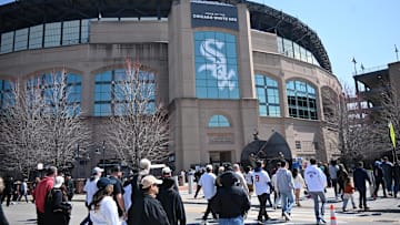 Fans are seen walking outside in a general view before a game between the Chicago White Sox and the Boston Red Sox 