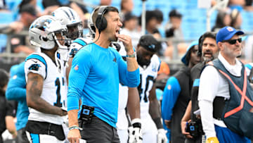 Sep 15, 2024; Charlotte, North Carolina, USA; Carolina Panthers head coach Dave Canales reacts in the fourth quarter at Bank of America Stadium. Mandatory Credit: Bob Donnan-Imagn Images