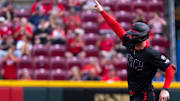 Cincinnati Reds outfielder Austin Hays gestures after hitting a home run in the third inning of the MLB game between Cincinnati Reds and Cleveland Guardians at Great American Ball Park in Cincinnati on Friday, May 16, 2025.