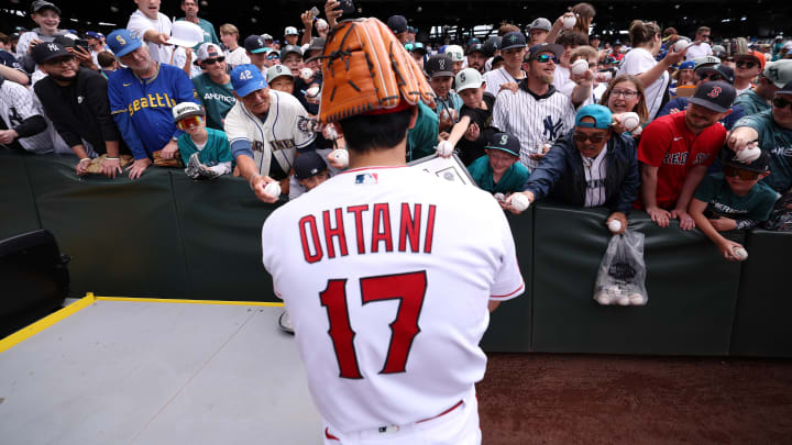 Shohei Ohtani of the Los Angeles Angels looks on during Gatorade