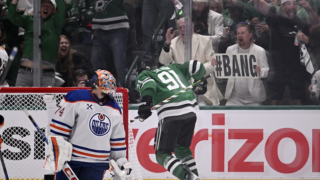 Dallas Stars center Tyler Seguin (91) reacts after scoring a goal against the Edmonton Oilers