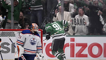 Dallas Stars center Tyler Seguin (91) reacts after scoring a goal against the Edmonton Oilers