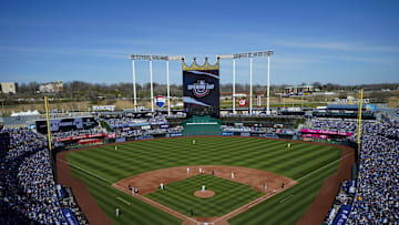 Mar 28, 2024; Kansas City, Missouri, USA; A general view of the field during the third inning between the Minnesota Twins and the Kansas City Royals at Kauffman Stadium. Mandatory Credit: Jay Biggerstaff-Imagn Images