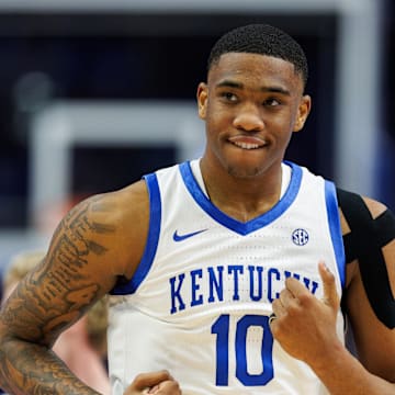 Mar 4, 2025; Lexington, Kentucky, USA; Kentucky Wildcats forward Brandon Garrison (10) runs down the court after scoring during the first half against the LSU Tigers at Rupp Arena at Central Bank Center. Mandatory Credit: Jordan Prather-Imagn Images
