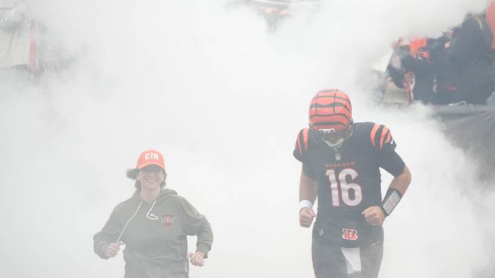 Bengals Joe Flacco (16) enters the field before their game against the Bears at Paycor Stadium on Sunday November 2, 2025.