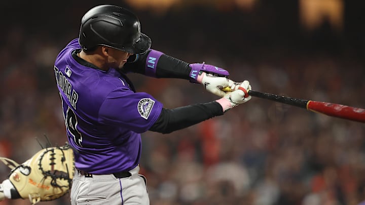 Sep 26, 2025; San Francisco, California, USA; Colorado Rockies shortstop Ezequiel Tovar (14) hits a three-run home run against the San Francisco Giants during the fifth inning at Oracle Park. Sep 26, 2025; San Francisco, California, USA; Colorado Rockies shortstop Ezequiel Tovar (14) hits a three-run home run against the San Francisco Giants during the fifth inning at Oracle Park.