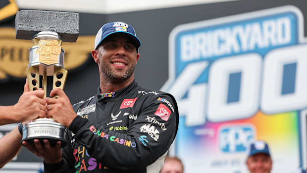 Bubba Wallace (23) celebrates winning Sunday, July 27, 2025, the Brickyard 400