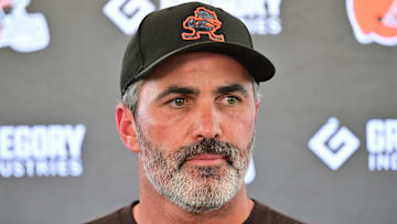 Jul 23, 2025; Berea, OH, USA; Cleveland Browns head coach Kevin Stefanski talks to the media during training camp at CrossCountry Mortgage Campus. Mandatory Credit: Ken Blaze-Imagn Images