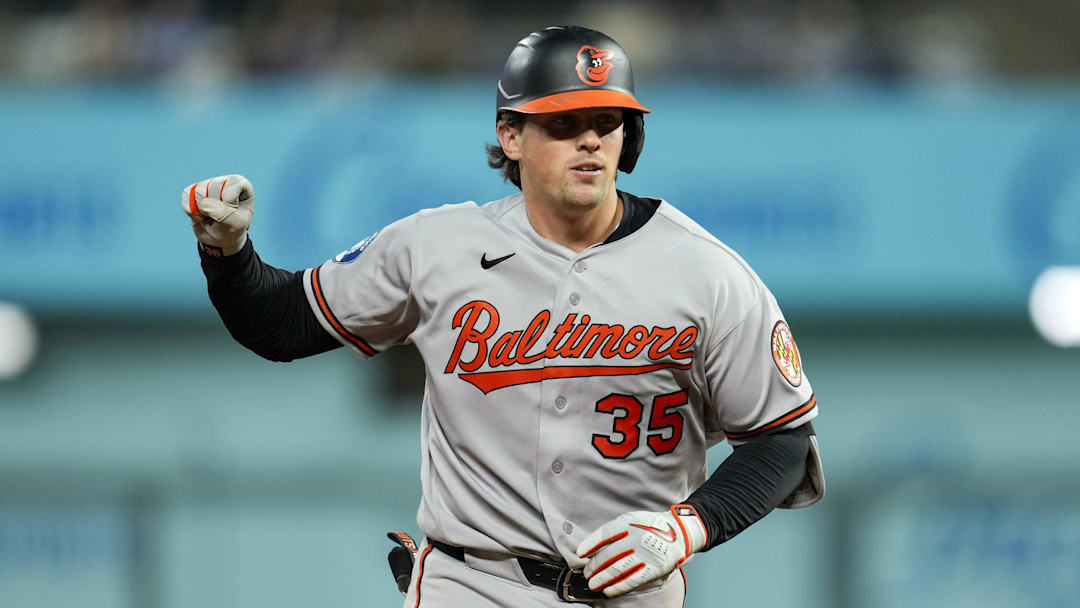 Apr 21, 2026; Kansas City, Missouri, USA; Baltimore Orioles catcher Adley Rutschman (35) rounds the bases after hitting a home run during the eighth inning against the Kansas City Royals at Kauffman Stadium. Mandatory Credit: Jay Biggerstaff-Imagn Images