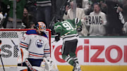 May 21, 2025; Dallas, Texas, USA; Dallas Stars center Tyler Seguin (91) reacts after scoring a goal against the Edmonton Oilers in the third period during game one of the Western Conference Final of the 2025 Stanley Cup Playoffs at American Airlines Center. Mandatory Credit: Jerome Miron-Imagn Images