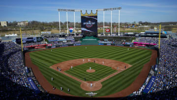 Mar 28, 2024; Kansas City, Missouri, USA; A general view of the field during the third inning between the Minnesota Twins and the Kansas City Royals at Kauffman Stadium. Mandatory Credit: Jay Biggerstaff-USA TODAY Sports