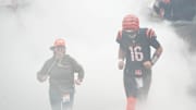 Bengals Joe Flacco (16) enters the field before their game against the Bears at Paycor Stadium on Sunday November 2, 2025.