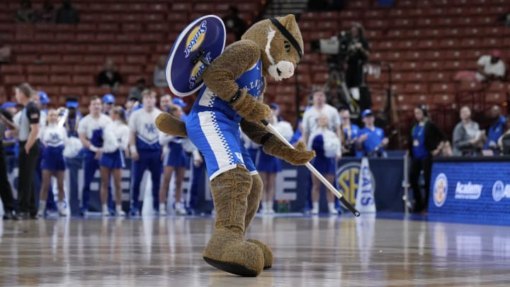 Mar 3, 2023; Greenville, SC, USA; Kentucky Wildcats mascot Wildcat entertains the crowd in the second half at Bon Secours Wellness Arena. Mandatory Credit: David Yeazell-USA TODAY Sports