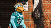 Oct 15, 2022; Conway, South Carolina, USA; Coastal Carolina Chanticleers mascot Chauncey watches from the tunnel in the second half against the Old Dominion Monarchs at Brooks Stadium. Mandatory Credit: David Yeazell-Imagn Images