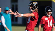 Jacksonville Jaguars quarterback Trevor Lawrence (16) takes command of a drill during the Jacksonville Jaguars’ 18th and final training camp practice at Miller Electric Center in Jacksonville, Fla. Wednesday August 20, 2025. [Doug Engle/Florida Times-Union]
