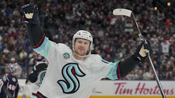 cJan 13, 2024; Columbus, Ohio, USA;  Seattle Kraken left wing Jared McCann (19) celebrates after scoring a goal against the Columbus Blue Jackets in the third period at Nationwide Arena. Mandatory Credit: Aaron Doster-Imagn Images