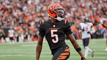 Nov 2, 2025; Cincinnati, Ohio, USA; Cincinnati Bengals wide receiver Tee Higgins (5) reacts after scoring a touchdown against the Chicago Bears during the second quarter at Paycor Stadium. Mandatory Credit: Joseph Maiorana-Imagn Images