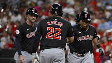 Sep 21, 2024; St. Louis, Missouri, USA;  Cleveland Guardians third baseman Jose Ramirez (11) is congratulated by first baseman Josh Naylor (22) after hitting a three run home run against the St. Louis Cardinals during the eighth inning at Busch Stadium.