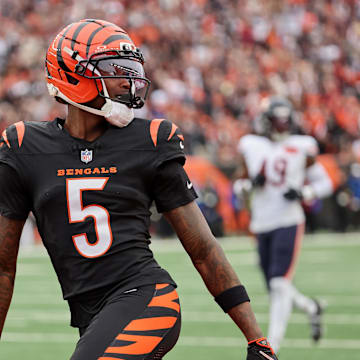 Nov 2, 2025; Cincinnati, Ohio, USA; Cincinnati Bengals wide receiver Tee Higgins (5) reacts after scoring a touchdown against the Chicago Bears during the second quarter at Paycor Stadium. Mandatory Credit: Joseph Maiorana-Imagn Images