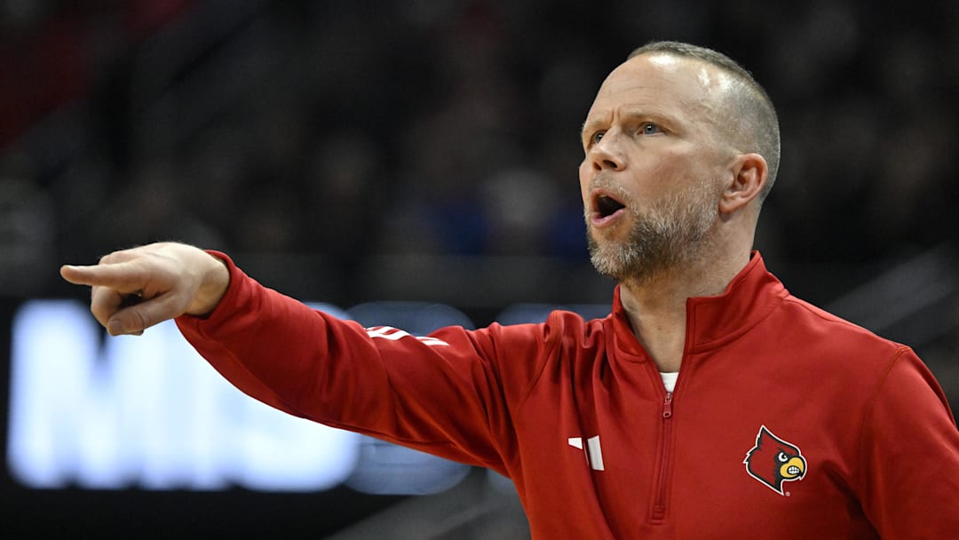 Jan 6, 2026; Louisville, Kentucky, USA;  Louisville Cardinals head coach Pat Kelsey reacts during the first half against the Duke Blue Devils at KFC Yum! Center. Duke defeated Louisville 84-73. Mandatory Credit: Jamie Rhodes-Imagn Images