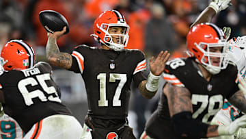 Dec 29, 2024; Cleveland, Ohio, USA; Cleveland Browns quarterback Dorian Thompson-Robinson (17) throws a pass during the second half against the Miami Dolphins at Huntington Bank Field. Mandatory Credit: Ken Blaze-Imagn Images