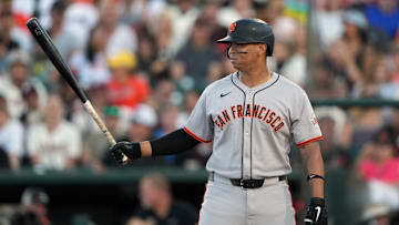 Jul 5, 2025; West Sacramento, California, USA; San Francisco Giants designated hitter Rafael Devers (16) bats during the third inning against the Athletics at Sutter Health Park. Mandatory Credit: Darren Yamashita-Imagn Images