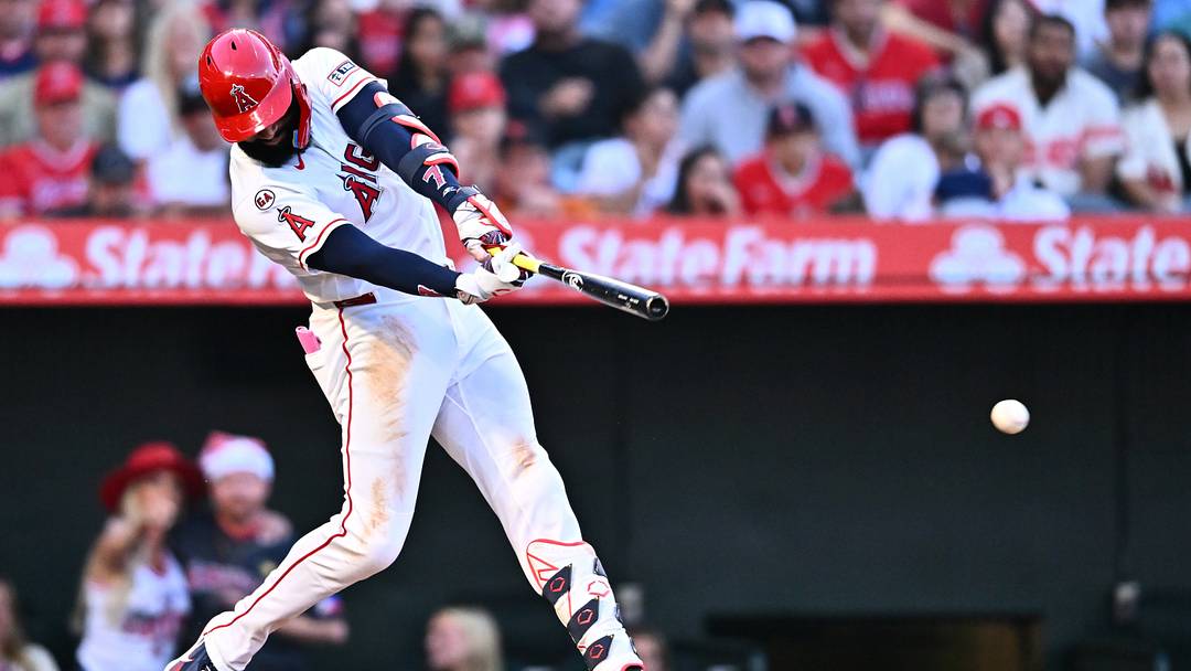 Jun 27, 2026; Anaheim, California, USA; Los Angeles Angels right fielder Jo Adell (7) hits an RBI triple during the fourth inning against the Athletics at Angel Stadium. Mandatory Credit: William Liang-Imagn Images Jun 27, 2026; Anaheim, California, USA; Los Angeles Angels right fielder Jo Adell (7) hits an RBI triple during the fourth inning against the Athletics at Angel Stadium. Mandatory Credit: William Liang-Imagn Images