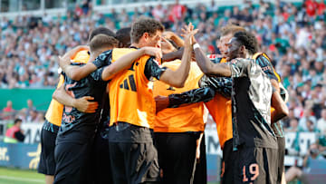 Bayern Munich players celebrating a goal against Werder Bremen on matchday four of the Bundesliga.