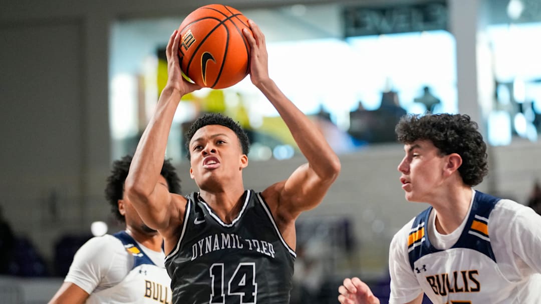 Dynamic Prep guard Ryan Hampton (14) drives to the basket during the second quarter of the City of Palms Classic signature series championship game against the Bullis Bulldogs at Suncoast Credit Union Arena in Fort Myers, Fla., on Sunday, Dec. 22, 2024.