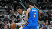 Feb 29, 2024; San Antonio, Texas, USA;  San Antonio Spurs center Victor Wembanyama (1) drives in against Oklahoma City Thunder forward Chet Holmgren (7) in the first half at Frost Bank Center. Mandatory Credit: Daniel Dunn-USA TODAY Sports