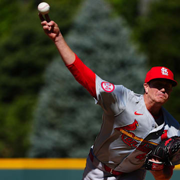 Sep 26, 2024; Denver, Colorado, USA; St. Louis Cardinals starting pitcher Kyle Gibson (44) delivers a pitch in the first inning against the Colorado Rockies at Coors Field. 
